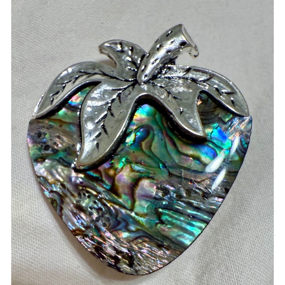 Vintage Abalone Shell Strawberry Stick Pin Brooch Silver Tone‎ Fruit Jewelry